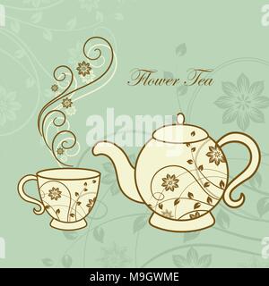 Teapot and cup with floral design elements. Stock Vector