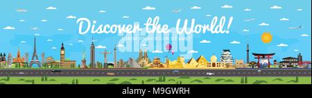 Discover the World poster with famous attractions Stock Vector