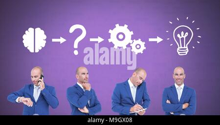 Businessman thinking in sequence with ideas and brainstorm process icons Stock Photo