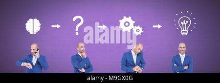 Businessman thinking in sequence with ideas and brainstorm process icons Stock Photo