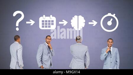 Businessman thinking in sequence with ideas and brainstorm process icons Stock Photo