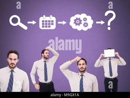 Businessman thinking in sequence with ideas and brainstorm process icons Stock Photo