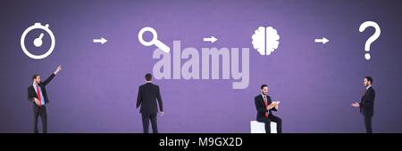 Businessman thinking in sequence with ideas and brainstorm process icons Stock Photo