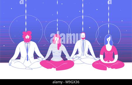 Several office workers in smart clothing sit in yoga position and meditate against abstract blue background. Concept of business meditation and team b Stock Vector