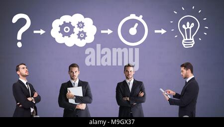 Businessman thinking in sequence with ideas and brainstorm process icons Stock Photo