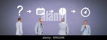 Businessman thinking in sequence with ideas and brainstorm process icons Stock Photo