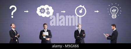 Businessman thinking in sequence with ideas and brainstorm process icons Stock Photo