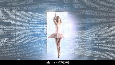 Ballet dancer dancing with digital technology interface and open door light source Stock Photo
