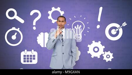 Businessman thinking in sequence with ideas and brainstorm process icons Stock Photo
