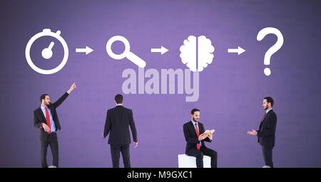 Businessman thinking in sequence with ideas and brainstorm process icons Stock Photo
