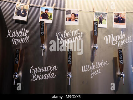 Wine taps at the boutique wine shop La Festival in the Gracia neighborhood of Barcelona, Spain, carry photos and stories of the winemakers. Stock Photo