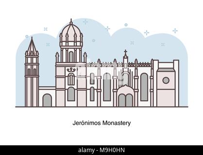 Vector line illustration of Jerónimos Monastery, Lisbon, Portugal. Stock Vector