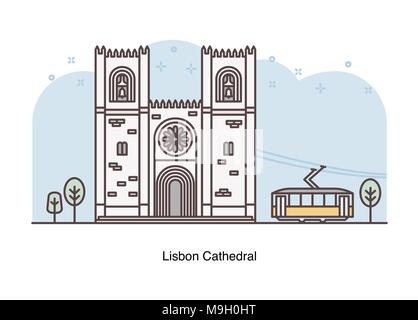 Vector line illustration of  Lisbon Cathedral, Lisbon, Portugal. Stock Vector