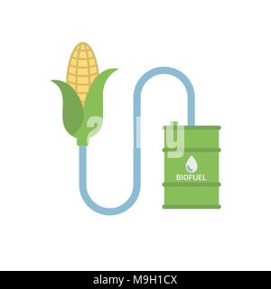 Biofuel - Biomass Ethanol, Made from Corn. Alternative Environmental Friendly Fuel. Isolated on White Background. Trendy Flat Style. Stock Vector