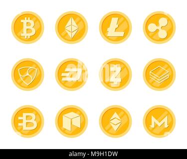 Crupto Coins Icons Set. Cryptocurrency Logo Set - Bitcoin, Litecoin, Ethereum, Ethereum Classic, Monero, Ripple, Zcash Dash, Stratis, Bytecoin, NEO, N Stock Vector
