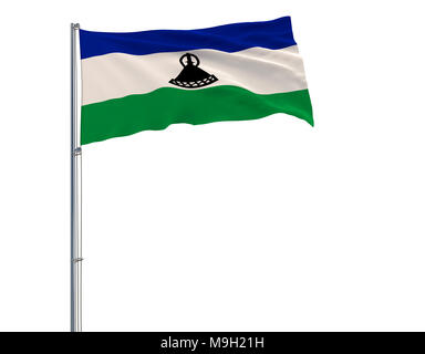 Isolate flag of Kingdom of Lesotho on a flagpole fluttering in the wind on a white background Stock Photo