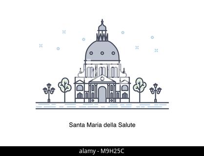 Vector line illustration of Santa Maria della Salute, Venice, Italy. Stock Vector