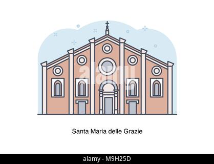 Vector line illustration of Santa Maria delle Grazie, Milan, Italy. Stock Vector