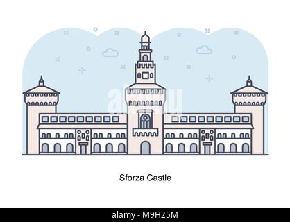 Vector line illustration of Sforza Castle , Milan, Italy. Stock Vector
