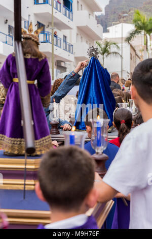 Small statues of Jesus Christ and the Virgin Mary in a catholic procession for Easter, Holy week, in Adeje, Tenerife, Canary Islands, Spain Stock Photo