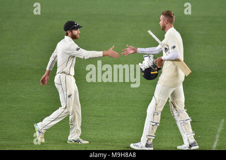 Auckland, New Zealand. 26th Mar, 2018. Kane Williamson of Blackcaps shakes hands with Stuart Broad of England after his team wining the match during Day Five of the First Test match between New Zealand and England at Eden Park in Auckland on Mar 26, 2018. Blackcaps win by an inners and 48 runs Credit: Shirley Kwok/Pacific Press/Alamy Live News Stock Photo
