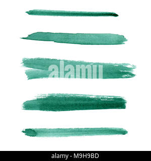 Watercolor. Emerald green abstract painted ink strokes set on watercolor paper. Isolated on white Stock Photo