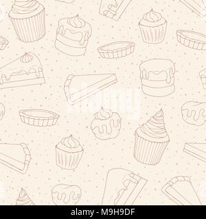 Vector pastry seamless pattern with cakes, pies, muffins and eclairs outline. Hand drawn sweet bakery  products in sketchy style on the dotted backgro Stock Vector