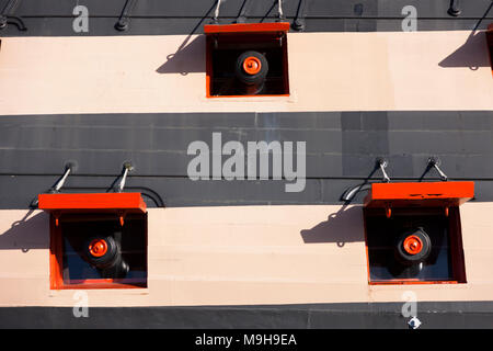 Starboard gun ports and guns / cannon / cannons of Admiral Lord Nelson's flagship HMS Victory. Portsmouth Historic Dockyard / Dockyards UK. (95) Stock Photo