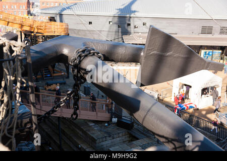 View over anchor on port side forward / bow / bows of Admiral Lord Nelson 's flagship HMS Victory of Portsmouth Historic Dockyard / Dockyards UK (95) Stock Photo