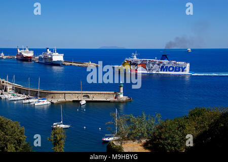 Moby Lines MOBY Vincent arrives at port of Bastia Corsica France Europe with MOBY Zaza left and Corsica Linea ferry far left Stock Photo
