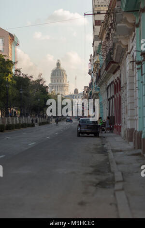 Old car on the street  del Prado Havana Cuba with a view over Capitol Stock Photo