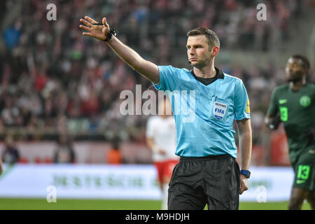 WROCLAW, POLAND - MARCH 23, 2018: Friendly match Poland vs Nigeria 0:1. In action Michael Oliver main referee. Stock Photo