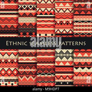 Set of seamless in ethnic style. Tribal textiles, hippie style. For wallpaper, bed linen, tiles, fabrics, backgrounds. Vector illustration. Stock Vector