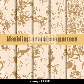 Marbling seamless pattern set. Marbled paper watercolor. Drawing on the water. Grunge textures. Vector illustration Stock Vector