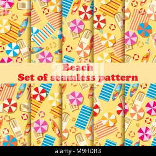 Beach seamless pattern set with Chaise lounge with umbrella, surfboard, flip-flops and bedspreads. Beach vacation. Vector illustration Stock Vector