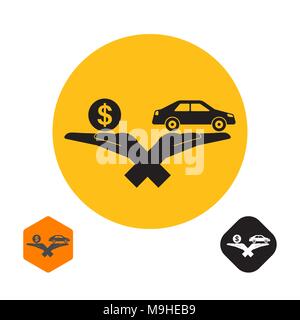 Icon with the crossed hands holding the car and a symbol of a coin dollar. The concept of a good bargain with the vehicle. A vector illustration in fl Stock Vector
