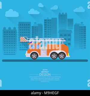 The fire truck going on the way to a city background. Concept of fire safety. Service 911. Help in emergency situations. A vector illustration in flat Stock Vector