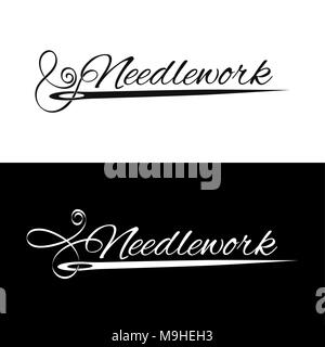 Set logos needlework. The needle and the art manuscript passing into the stylized thread. Vector illustration. Stock Vector