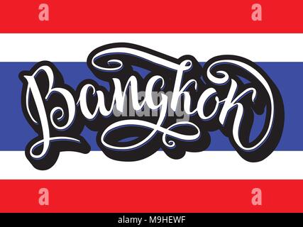 Bangkok lettering icon, Thailand. City logo isolated on thai natinal flag. Vintage badge calligraphy in grunge style. Great for t-shirts or poster. Vector illustration Stock Vector