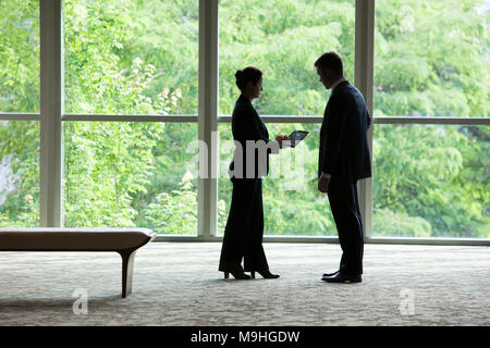 Caucasian businessman and woman looking at a computer notebook in front of a large window in a business center lobby. Stock Photo