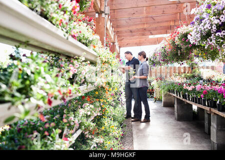 Caucasian man and woman shopping for new plants at a garden center nurery. Stock Photo