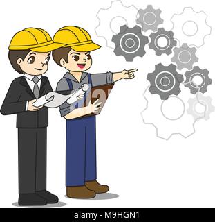 Professional engineer discuss about blueprint paper with foreman Stock Vector