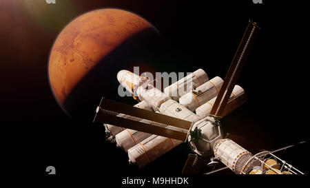 spaceship arriving at planet Mars, expedition to the red planet (3d science fiction render, elements of this image are furnished by NASA) Stock Photo
