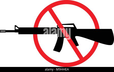 Silhouette of assault rifle with red sign over it. Vector illustration with white / transparent background. Stock Vector