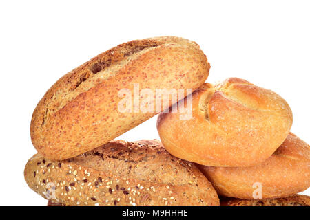 closeup of an assortment of different bread rolls on a white background Stock Photo