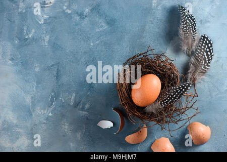 Fresh chicken eggs in nest. Minimalist cooking concept with copy space. Stock Photo
