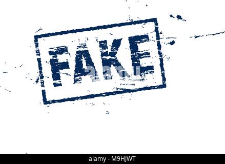 Fake square label, grange style stamp, vector illustration on white background. Fake news blue scrapes symbol. Stock Vector