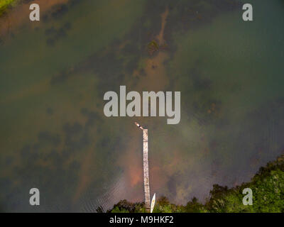 A tourist jumps of a pier into a lake in Zimbabwe's little Connemara, Nyanga. Stock Photo