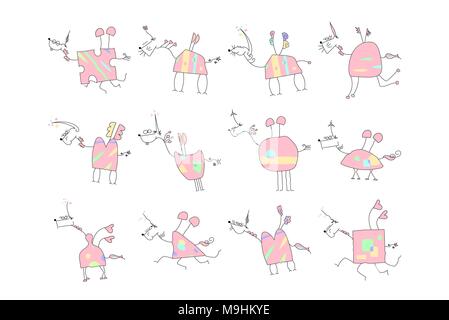 Herd of Pink Unicorns with wings and horn - Doodle Vector Illustration of a Hand Drawn Unicorn Sketch Stock Vector