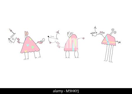 Herd of Pink Unicorns with wings and horn - Doodle Vector Illustration of a Hand Drawn Unicorn Sketch Stock Vector